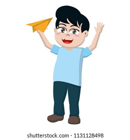 cute boy with paper plane in the hand