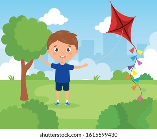 cute boy in park with kite vector illustration design