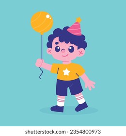 Niño lindo con un globo de sombrero de fiesta