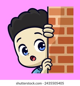 lindo niño que mira detrás de una pared acechan emociones pegatina ilustración vectorial de dibujos animados
