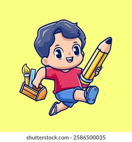 Cute Boy With Pencil, Brush And Ruler Cartoon Vector Icon Illustration. People Education Icon Concept Isolated Premium Vector. Flat Cartoon Style