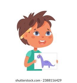 Cute boy with pencil shows picture of dinosaur painting by him at school or home. Young child painter. Children art. Creative kids. Learning, education, playing concept. Cartoon vector illustration.