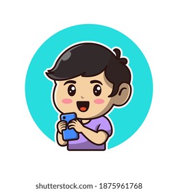 Cute Boy With Phone Cartoon Vector Icon Illustration. People Technology Icon Concept Isolated Premium Vector. Flat Cartoon Style