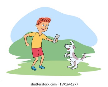 Cute boy photographing dog pet on mobile phone in park cartoon. Teenager taking photo of funny puppy on nature. Young male character enjoying photography. Natural landscape. Vector flat illustration