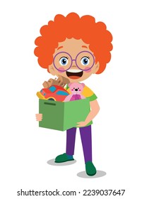 cute boy picking up his toys in the toy box