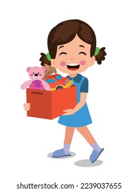cute boy picking up his toys in the toy box