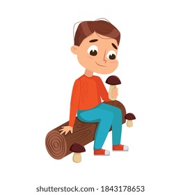 Cute Boy Picking Mushrooms in Forest, Autumn Season Outdoor Activity Cartoon Style Vector Illustration