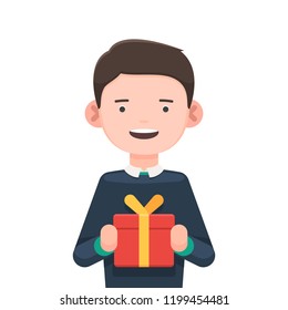 Cute boy with pigtails holding a gift box. Happy girl with gift box. Vector illustration in flat style isolated on white background