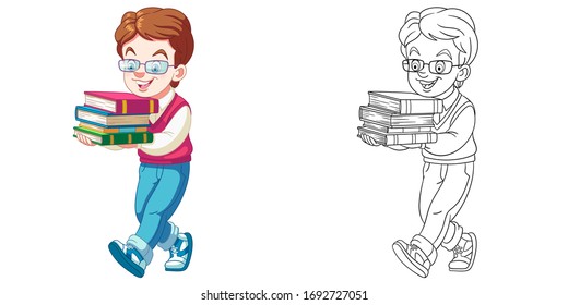 Cute boy with pile of books. Coloring page and colorful clipart character. Cartoon design for t shirt print, icon, logo, label, patch or sticker. Vector illustration.