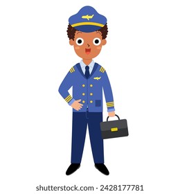 Cute boy pilot in cartoon style. Funny kid in aircraft captain uniform isolated on white background. Learning professions clipart for school and preschool. Vector illustration