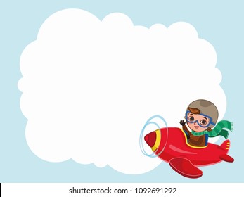 Cute boy pilot flies on a red plane with a label. Cartoon vector illustration
