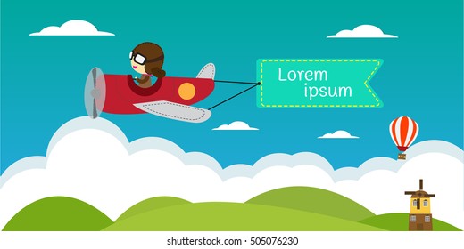 Cute boy pilot  a  plane in the sky. Air adventure. Isolated cartoon vector illustration