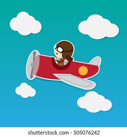 Cute boy pilot  a  plane in the sky. Air adventure. Isolated cartoon vector illustration