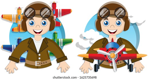 Cute boy is a pilot and sports planes. Isolated on white background. Vector illustration.