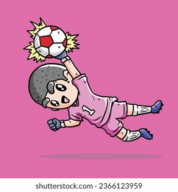 Cute Boy in Pink Jersey play soccer vector illustration. Goalkeeper in football match. Goalkeeper jumping. Cute Goalkeeper Vector Illustration.