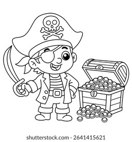 cute boy pirate cartoon finding treasure.illustration for children's coloring book