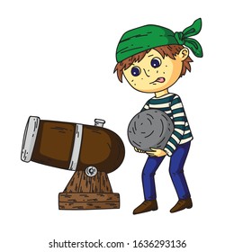 Cute Boy Pirate Charges Cannon With Huge Heavy Cannonball. Piracy Party. Funny Cartoon Child Character On White. Happy Childhood And Fun. Amusement And Entertainment. Flat Vector Illustration