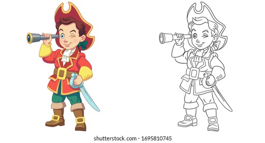 Cute boy pirate. Coloring page and colorful clipart character. Cartoon design for t shirt print, icon, logo, label, patch or sticker. Vector illustration.