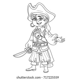 Cute boy in pirate costume outlined for coloring page