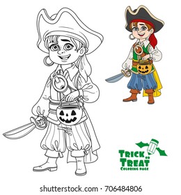 Cute boy in pirate costume with a pumpkin bag for sweets trick or treat color and outlined for coloring page