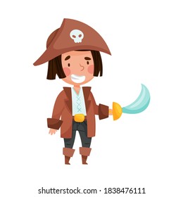 Cute Boy in Pirate Costume Standing with Sword and Hat with Skull Vector Illustration