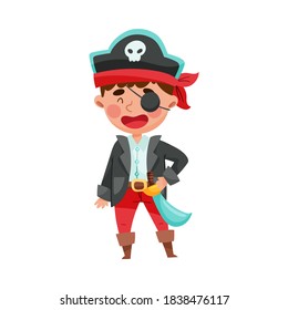 Cute Boy in Pirate Costume Standing with Tied Bandana and Sword Vector Illustration