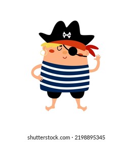 Cute boy pirate. Funny kid in costume sailor man, happy cartoon character, hand drawn vector illustration for children, isolated on white. Flat design