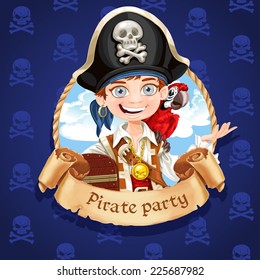 Cute boy pirate with red parrot. Banner for Pirate party