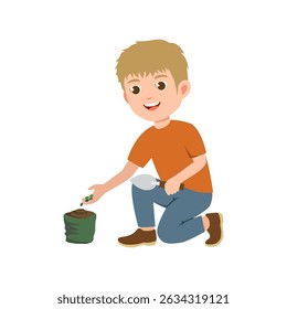 Cute boy planting seeds in pots, world environment day vector illustration