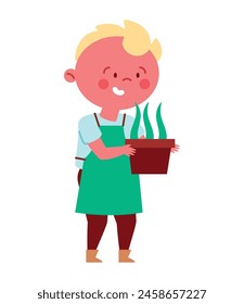 cute boy planting tree isolated design