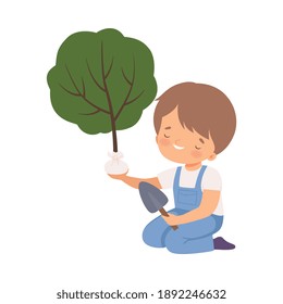 Cute Boy Planting Tree, Kid Helping Save the World, Nature and Ecology Protection Cartoon Style Vector Illustration