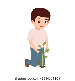 Cute boy planting tree seedlings, world environment day vector illustration