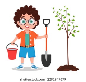 Cute boy planting a tree. Vector illustration