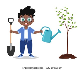 Un chico lindo plantando un árbol. Ilustración del vector