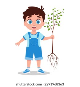 Niño lindo plantando un árbol, ilustración vectorial