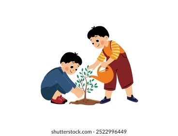 cute boy is planting and watering a tree, commemorating tree day. tree planting day