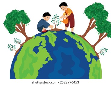 cute boy is planting and watering a tree, commemorating tree day. tree planting day