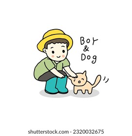 cute boy play with dog, hand drawn style vector