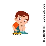 cute boy play toy car alone and feel sad