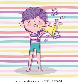 cute boy play trumpet with hairstyle