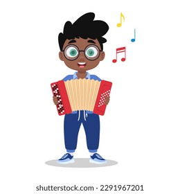 A cute boy is playing the accordion. Vector illustration