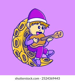 Cute Boy Playing Accoustic Guitar On A Moon Cartoon Vector Illustrations. People Science Concept