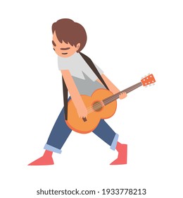 Cute Boy Playing Acoustic Guitar, Kid Learning to Play Musical Instrument Cartoon Style Vector Illustration