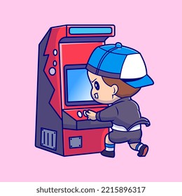 Cute Boy Playing Arcade Machine Game Cartoon Vector Icon Illustration. People Technology Icon Concept Isolated Premium Vector. Flat Cartoon Style