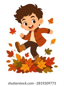 Cute boy playing in autumn leaves illustration with warm fall colors for seasonal poster sticker card and children lifestyle design