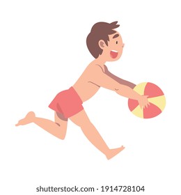 Cute Boy Playing with Ball, Adorable Child Having Fun on Beach on Summer Holidays Cartoon Vector Illustration