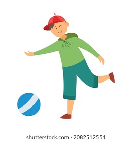 Cute boy playing with a ball. Kid activity outdoors or child safety on road. Flat cartoon vector illustration isolated on a white background