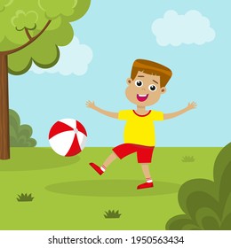 Cute boy playing with ball outside. Smiling kid with beachball playing on a green lawn. Happy childhood concept. Summer activities. Flat vector illustration.