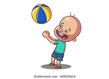 Cute Boy playing with the ball. vector illustration. Isolated on white background.