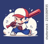 Cute boy playing baseball. Vector illustration in a flat style.